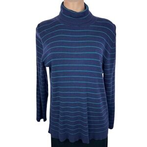 Coldwater Creek Turtleneck Sweater Blue w Light Blue Stripes Sz XL/16 Long Sleev